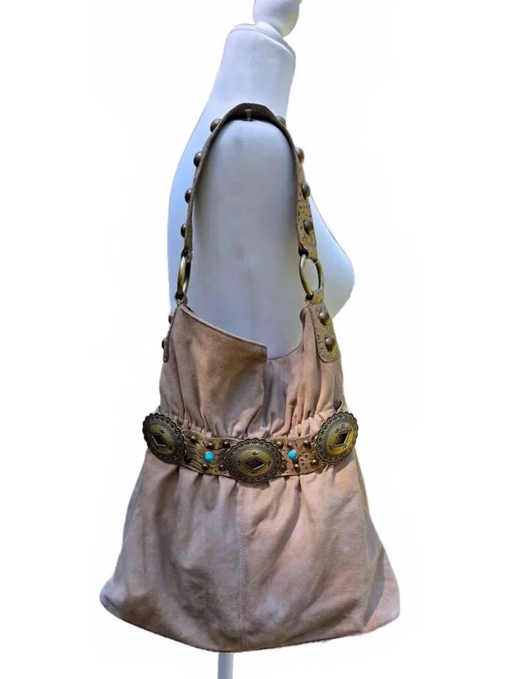 Vintage Kathy Van Zeeland Tan Faux Suede Concho Belt Studded Hobo Shoulder Bag